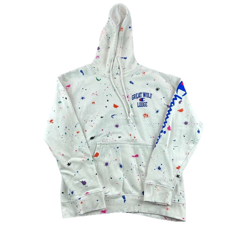 Champion Great Wolf Lodge Hoodie Paint Splatter White Pullover Small